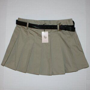 Khkai Pleated Mini Skirt Side Zip Junior's L All Cotton with Black Belt NWT